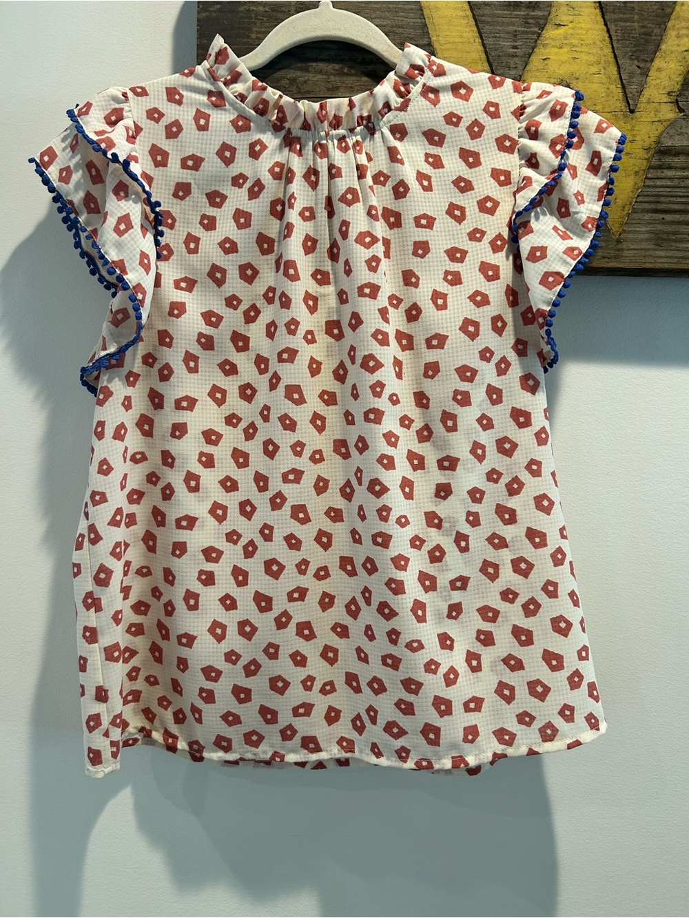 THML Cream Blouse with Red Geometric Print and Blue Pom Trim
